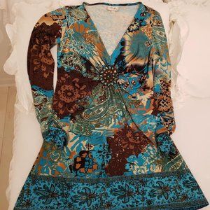 Gorgeous Dress by Beige Eci Turquoise Brown Gold Long Sleeves Size Small Paisley